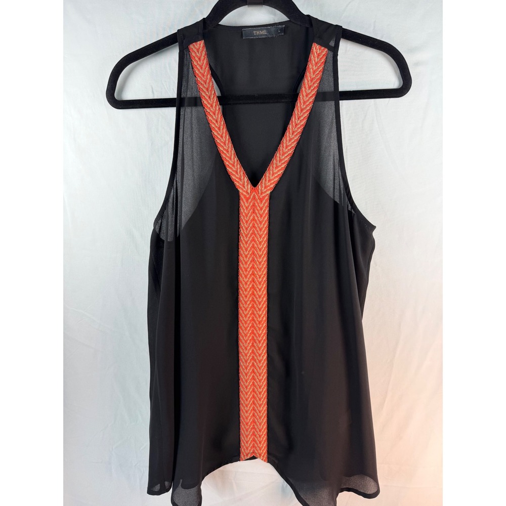 THML Black Racerback Tank Top Orange Embroidered V-Neck Mesh Trim LS135 Large